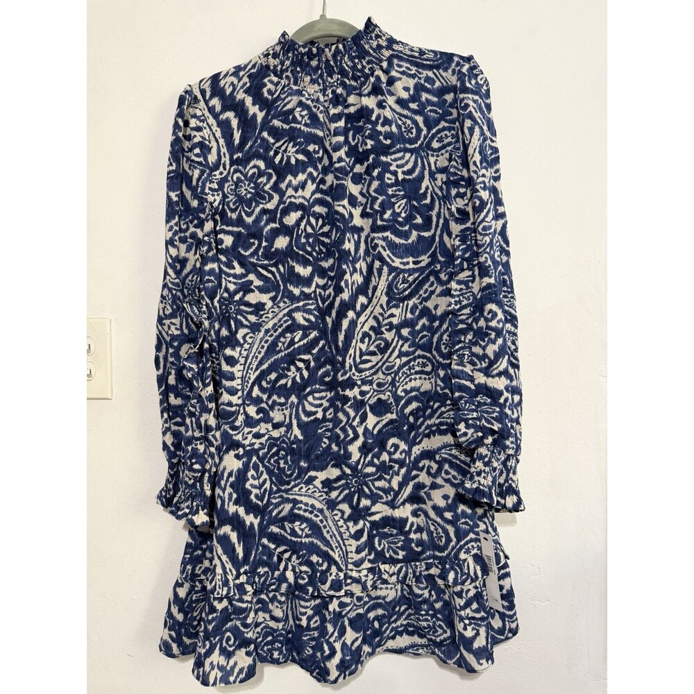 Clover & Sloane Women’s Blue White Paisley Dress Size 10 Boho Smocked NWT
